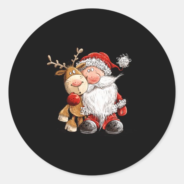 Happy Reindeer And Santa Christmas Illustration Pr Classic Round Sticker (Front)