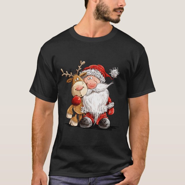 Happy Reindeer And Santa Christmas Illustration Pr T-Shirt (Front)