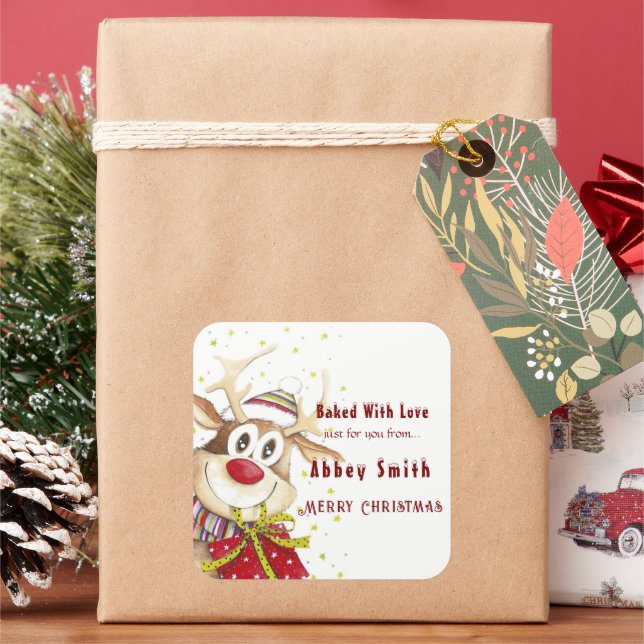 Happy Reindeer Christmas Cookies Candy & Treats Square Sticker (Holiday)