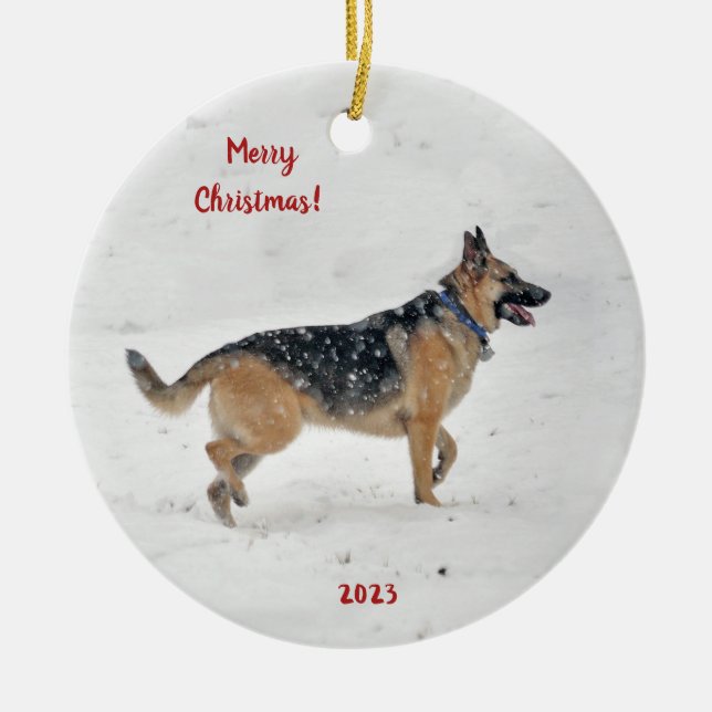 Happy Rescue German Shepherd Dog in Winter Snow  Ceramic Ornament (Front)