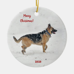 Happy Rescue German Shepherd Dog in Winter Snow Ceramic Ornament
