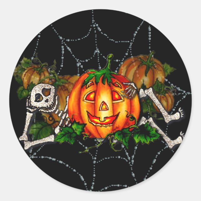 HAPPY RESTING SKELETON & JACK by SHARON SHARPE Classic Round Sticker (Front)
