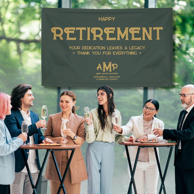 Happy Retirement  3 Letter Gold Monogram on Green Banner (Creator Uploaded)