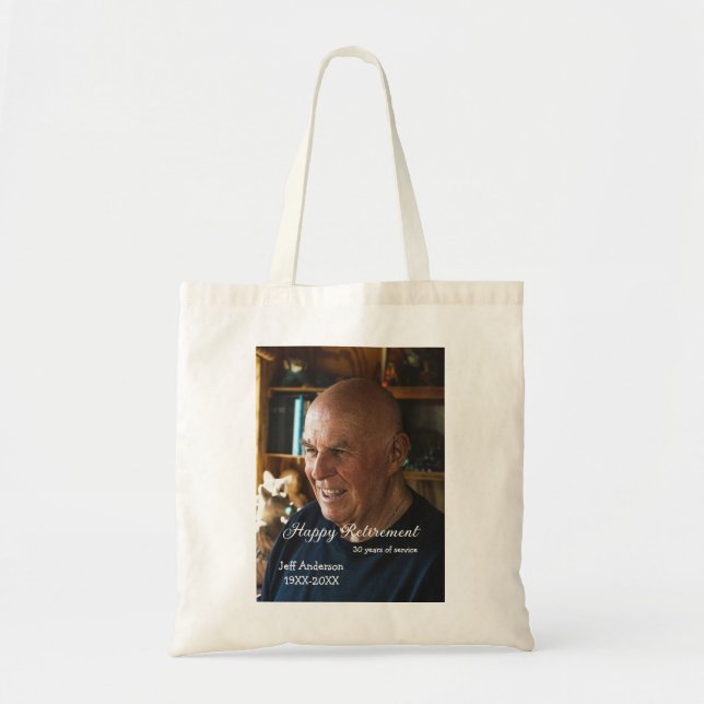 Happy retirement add name photo years of service r tote bag (Front)