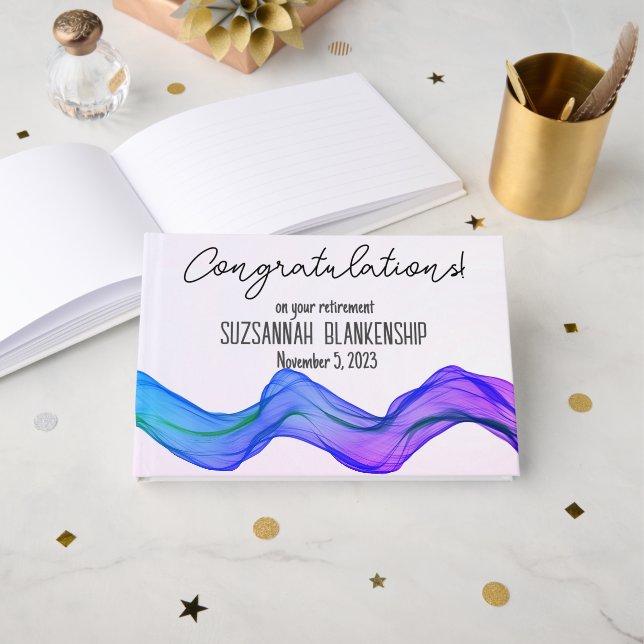 Happy Retirement Blue Purple Watercolor Custom Guest Book (Front Open)