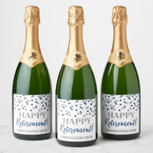 Happy Retirement Blue Silver Confetti Sparkling Wine Label