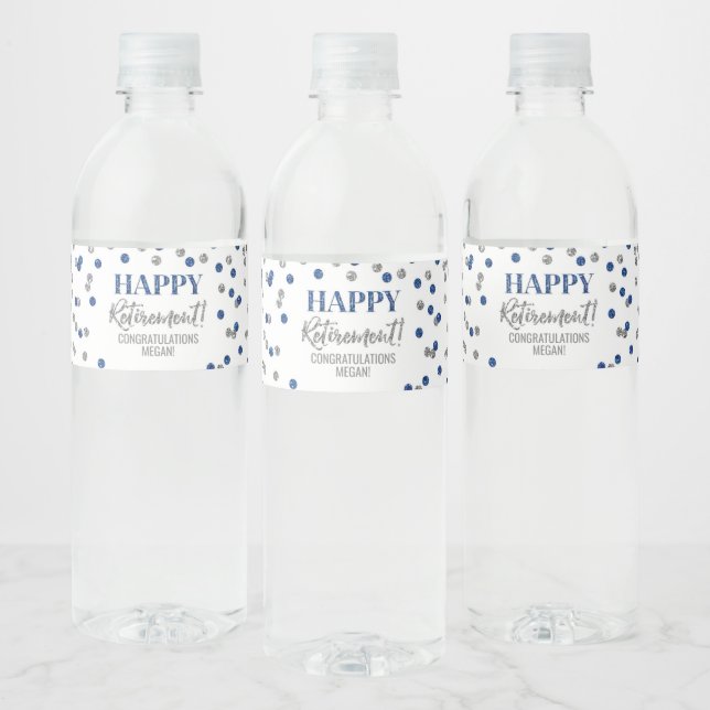 Happy Retirement Blue Silver Confetti Water Bottle Label (Bottles)