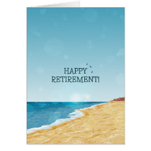 Happy retirement card with beach, sea and blue sky