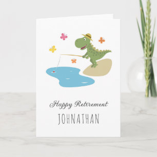 Happy Retirement Cartoon Dinosaur Fishing Card