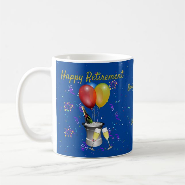 Happy Retirement Champagne Celebrations Blue Coffee Mug (Left)