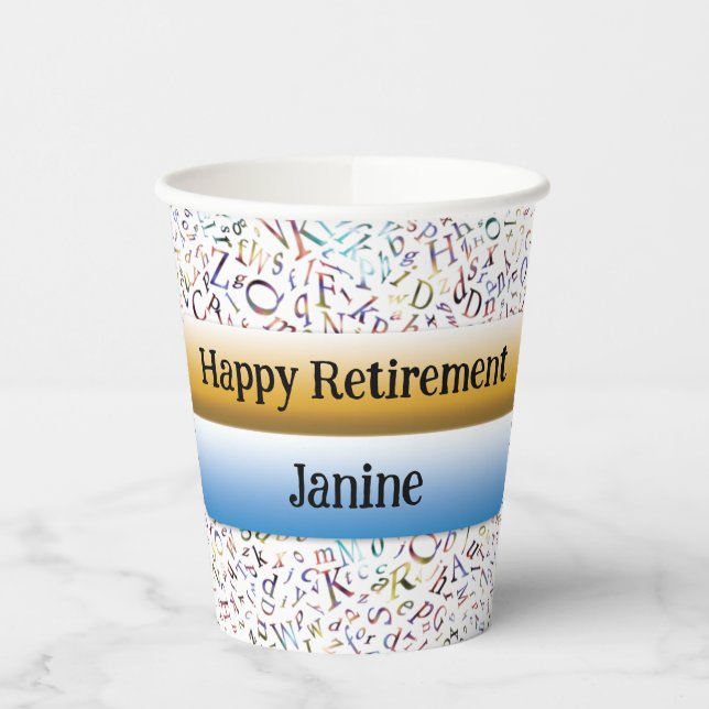 Happy Retirement Custom Teacher Letter Scramble Paper Cups (Left)