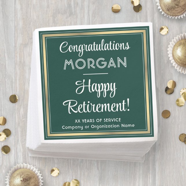 Happy Retirement Elegant Green and Gold Party Napkin (Creator Uploaded)