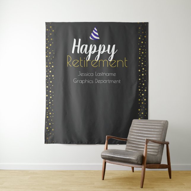 Happy Retirement Faux Gold Confetti Tapestry (In Situ)
