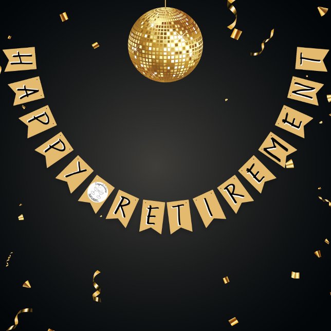 Happy Retirement Faux Gold Congratulations Party Bunting (Happy Retirement bunting in faux gold, black and white. Ideal decoration for a retirement part)
