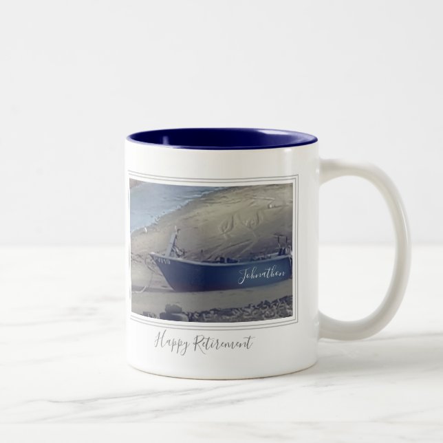Happy retirement fishing boat on beach Two-Tone coffee mug (Right)