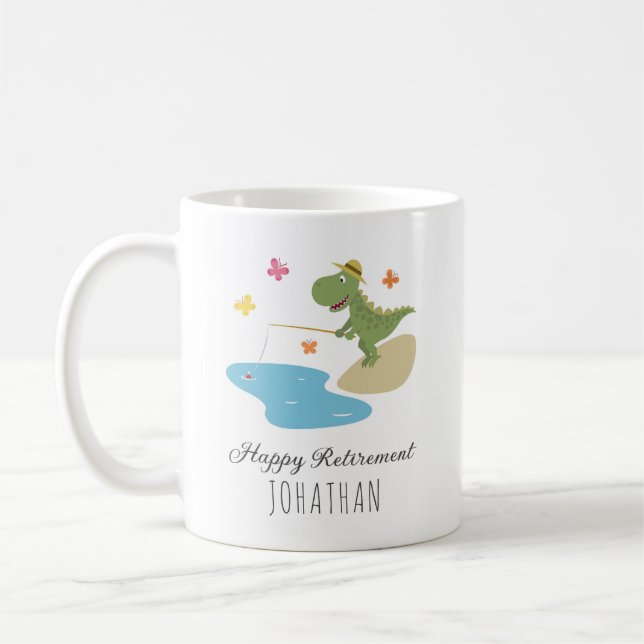 Happy Retirement Fishing Cute Dinosaur Cartoon Coffee Mug (Left)
