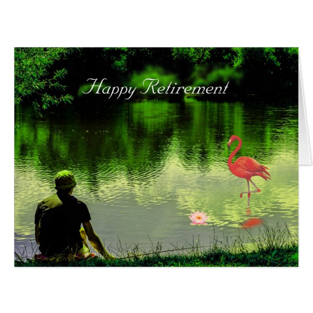 Happy Retirement Flamingo & Man Fishing on Lake (Front Horizontal)