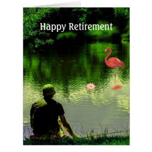 Happy Retirement Flamingo & Man Fishing on Lake