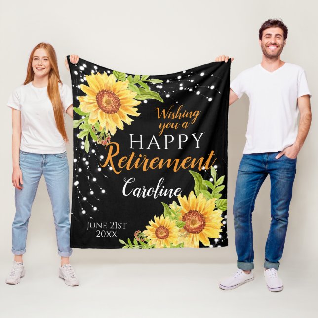 Happy Retirement Floral Sunflower Black Fleece Blanket (In Situ)