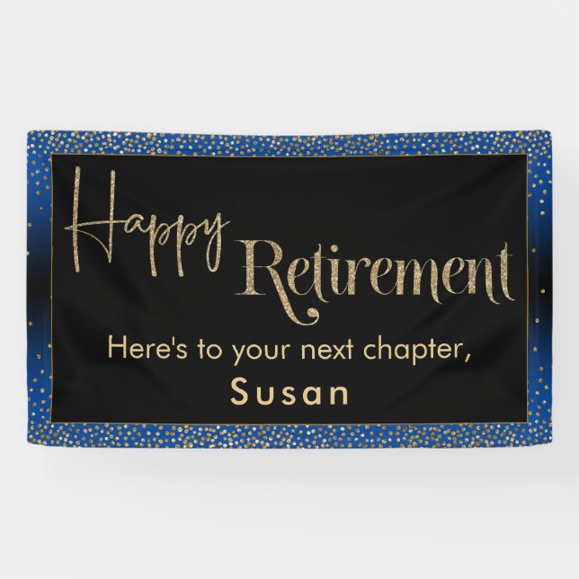 Happy Retirement Gold Confetti, Bright Blue Banner (Horizontal)