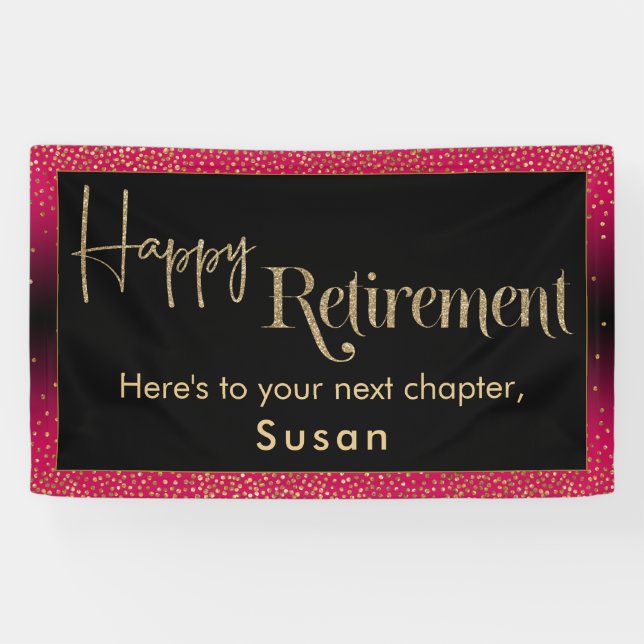 Happy Retirement Gold Glitter Confetti Raspberry Banner (Horizontal)