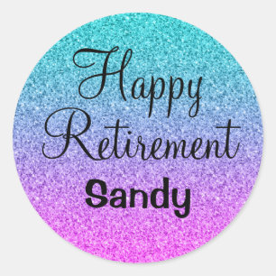 Happy Retirement Ombre Pink Blue Purple Glitter Classic Round Sticker