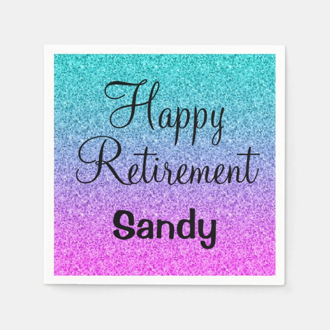 Happy Retirement Ombre Pink Blue Purple Glitter Napkin (Front)