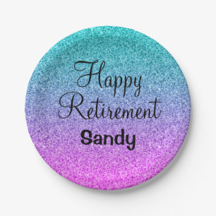 Happy Retirement Ombre Pink Blue Purple Glitter Paper Plate