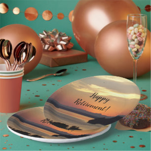 Happy Retirement Orange Seascape Sunset Paper Plate