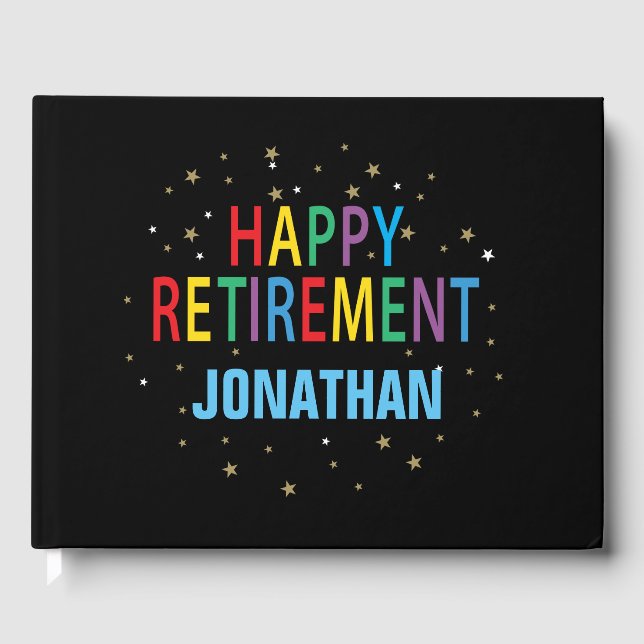 Happy Retirement Party colourful with name & stars Guest Book (Front)