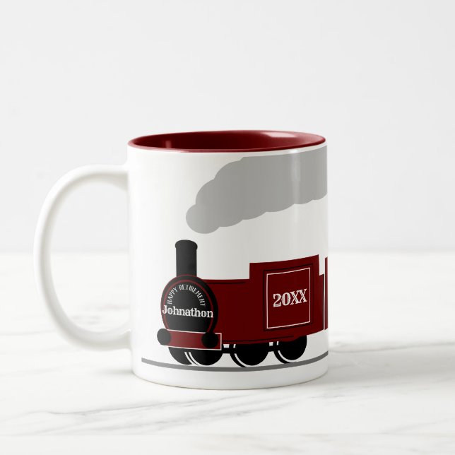 Happy retirement personalised train railway Two-Tone coffee mug (Left)