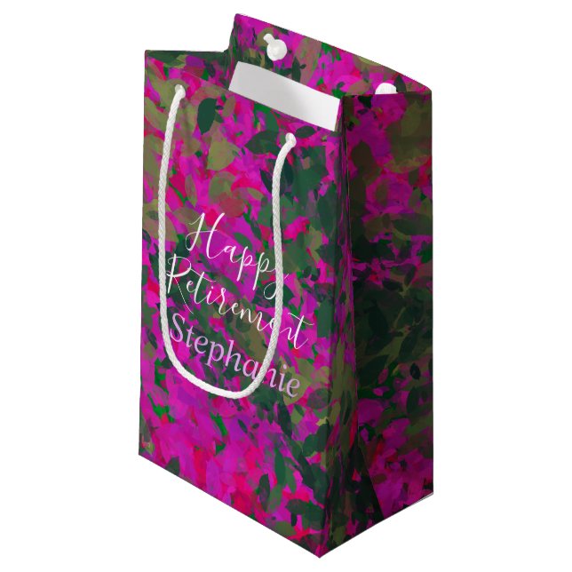 Happy Retirement Pink Florals Garden Hand Painted Small Gift Bag (Front Angled)