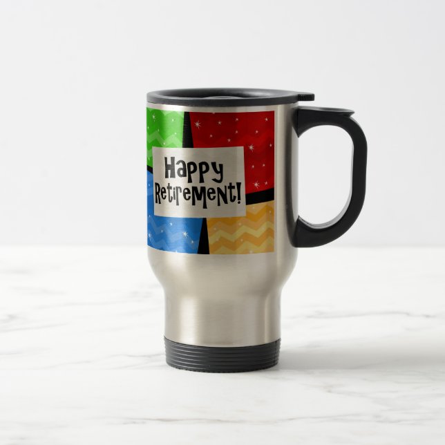 Happy Retirement, Primary Colour Squares Party Travel Mug (Right)