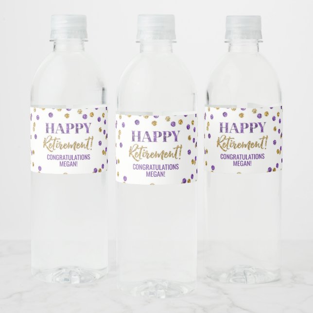 Happy Retirement Purple Gold Confetti Water Bottle Label (Bottles)