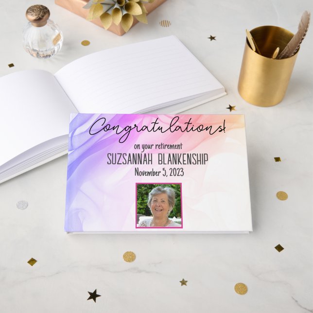 Happy Retirement Rainbow Watercolor Custom Photo Guest Book (Front Open)