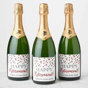 Happy Retirement Red Silver Confetti Sparkling Wine Label