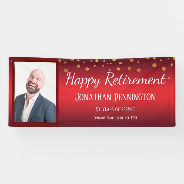 Happy Retirement Red with Gold Confetti One Photo Banner (Horizontal)