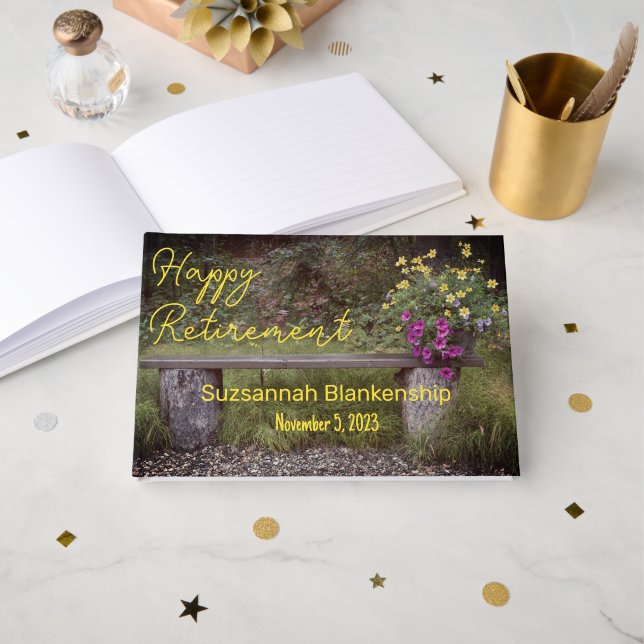 Happy Retirement Rustic Bench Flowers Photo Custom Guest Book (Front Open)