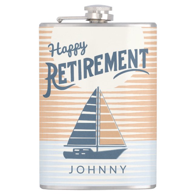 happy retirement sailboat glass hip flask (Front)