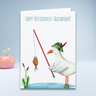 Happy Retirement Seagull Fishing Illustrated Card