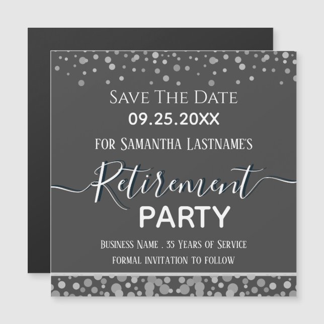 Happy Retirement Silver Confetti Save the Date (Front/Back)