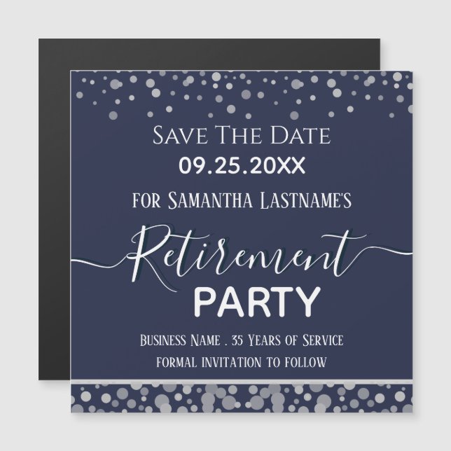 Happy Retirement Silver Confetti Save the Date Mag (Front/Back)