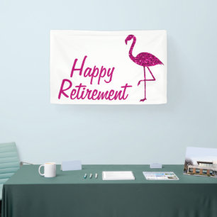 Happy retirement sparkly pink flamingo Custom text Banner