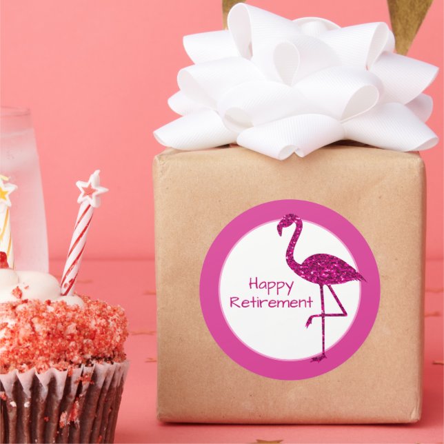 Happy retirement sparkly pink flamingo Custom text Classic Round Sticker (Party)