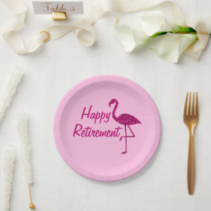 Happy retirement sparkly pink flamingo Custom text Paper Plate
