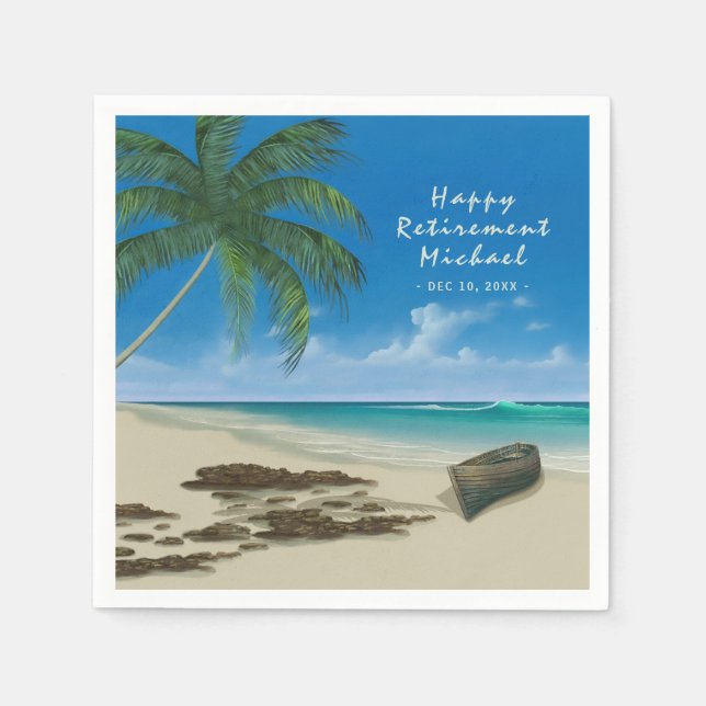 "Happy Retirement" Tropical Beach Custom Paper Napkin (Front)