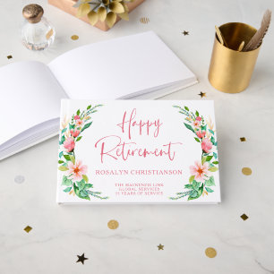 Happy Retirement Tropical Floral Pink Script Guest Book