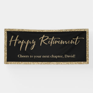 Happy Retirement Typography Gold Glitter and Black Banner