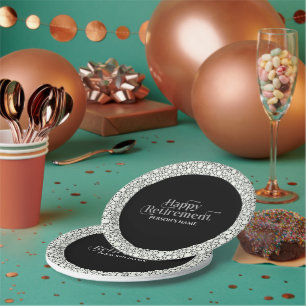 Happy Retirement White Glittery Retro Typography Paper Plate