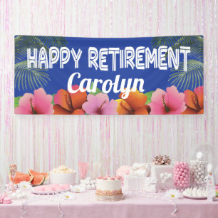 Happy Retirement with tropical palms and flowers Banner